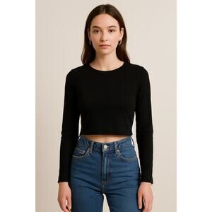 Minimalist Y2K Streetwear Black Long Sleeve Crop Top H&M Basic Women’s Medium